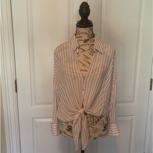 Lucy Paris button down, tie at waist, vertical striped  women’s shirt. Size M